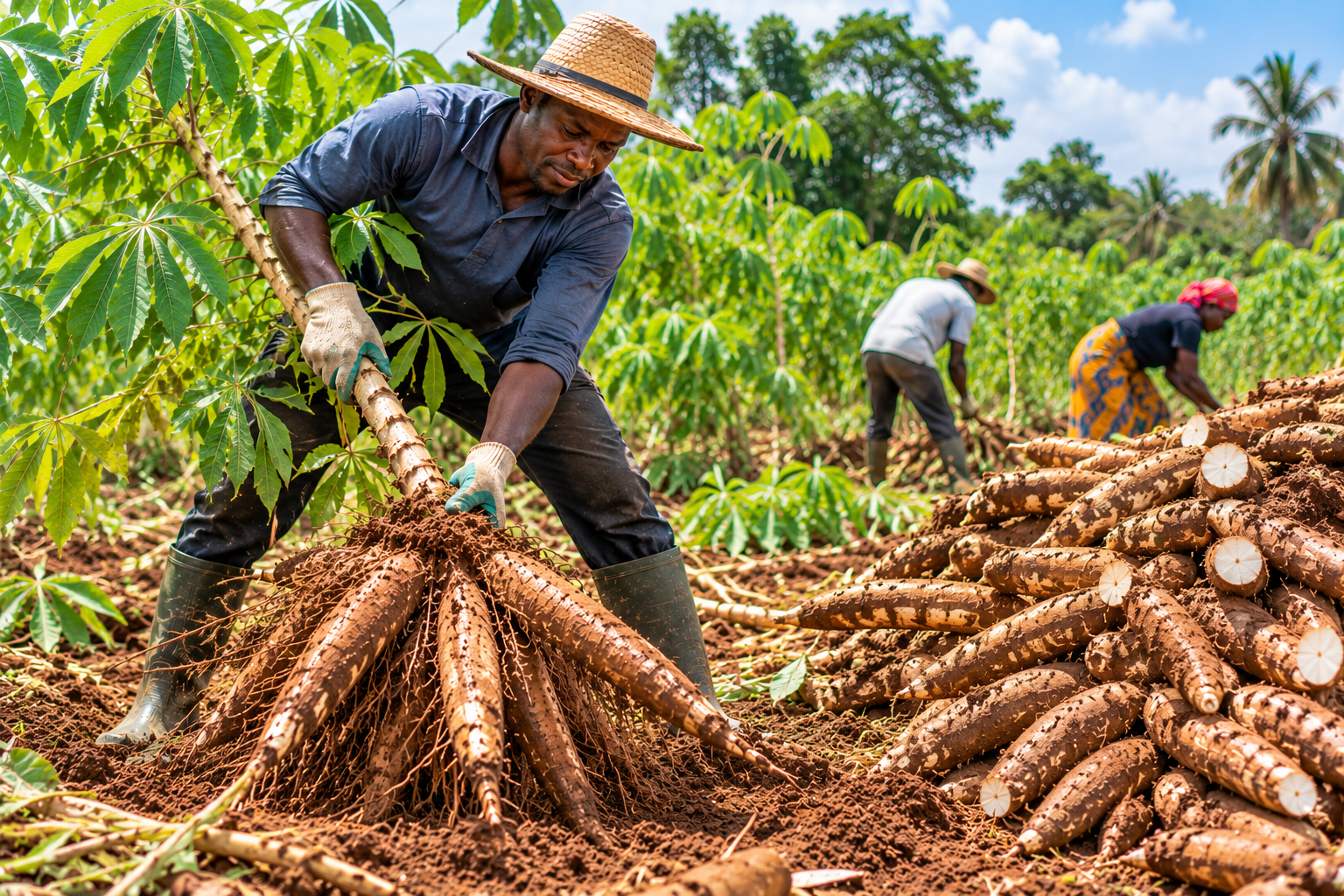 Farmers harvesting cassava in a productive agricultural field